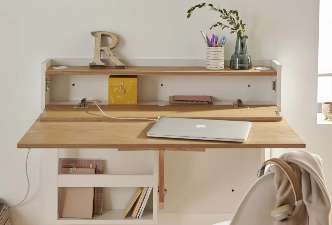 Bureau mural rabattable 100 cm bois et blanc, maisons du monde (ouvert)